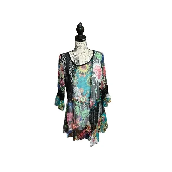 Dor Dor Couture Top Womens Medium Black Floral Mesh Sheer Boho Artsy Retro Tunic - Picture 2 of 5